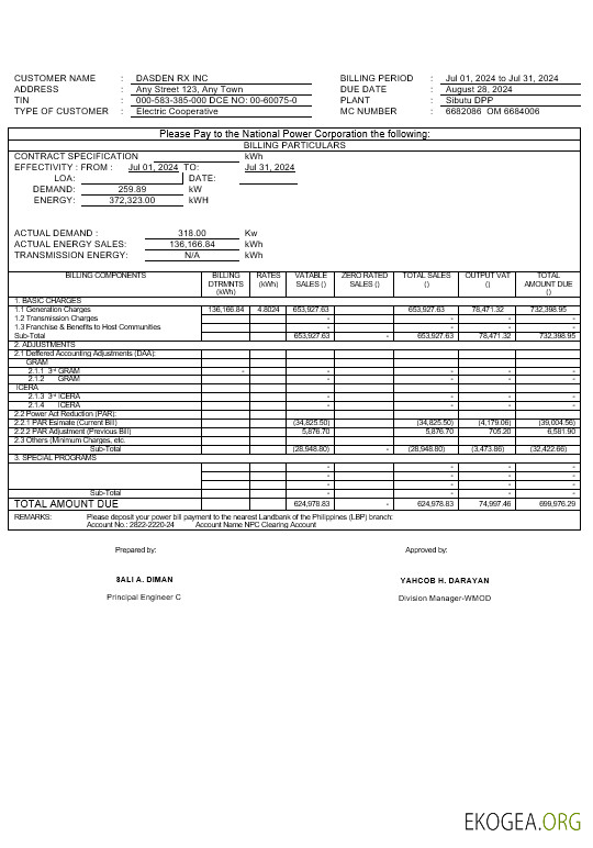 Modèle Word et PDF de facture de services publics de Tawelco aux Philippines